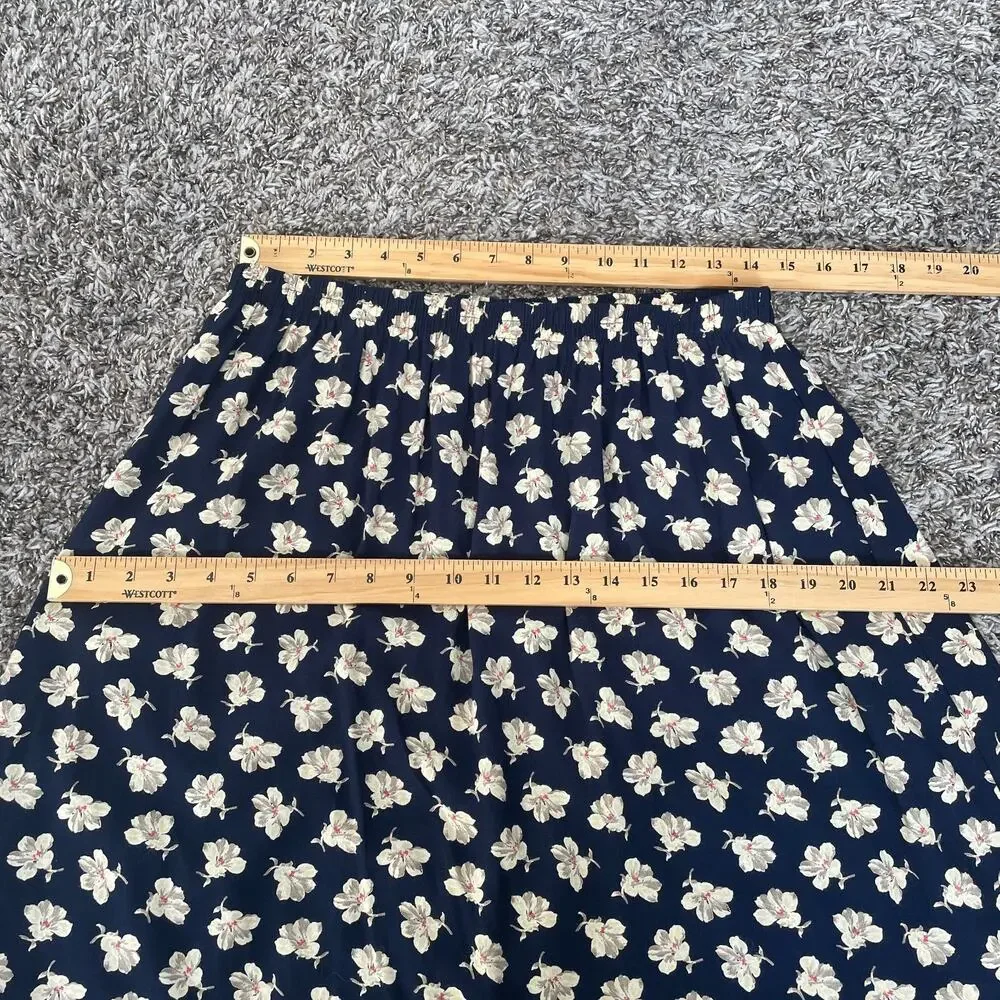 Vtg 90s Midi Skirt Size 12 Navy Blue Ditsy Floral A Line Cottage Boho Casual